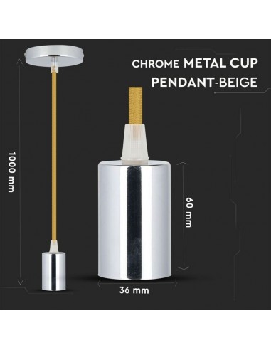 3794-Lampadario LED a Cilindro in Metallo con Portalampada E Max  Lcm Colore Cromato e Cavo Beige-2