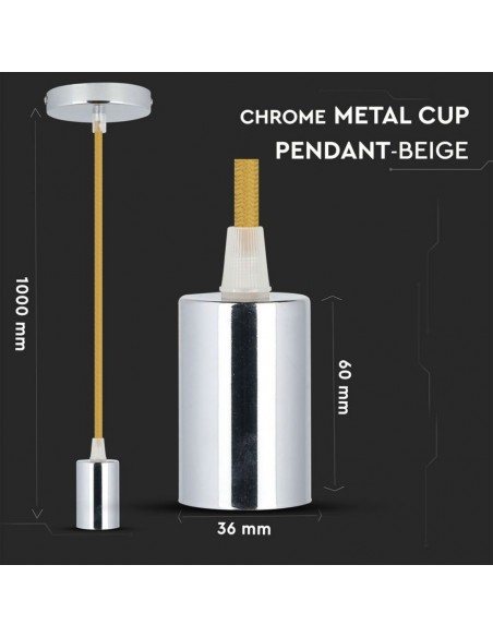 3794-Lampadario LED a Cilindro in Metallo con Portalampada E Max  Lcm Colore Cromato e Cavo Beige-2