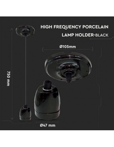 3804-Portalampada in Porcellana E Max  Colore Nero e Cavo in Corda-2