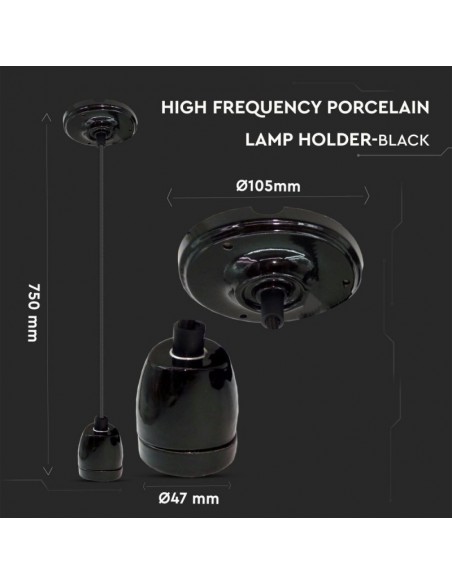 3804-Portalampada in Porcellana E Max  Colore Nero e Cavo in Corda-2