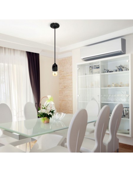 3804-Portalampada in Porcellana E Max  Colore Nero e Cavo in Corda-3