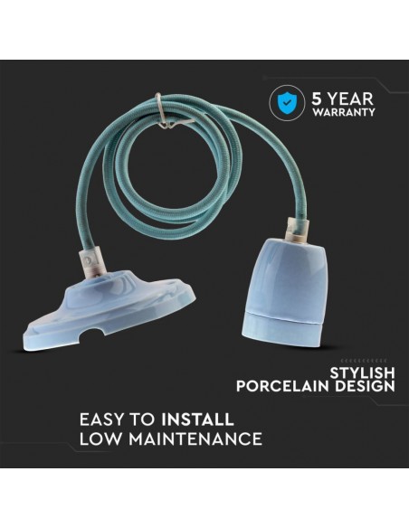 Portalampada in Porcellana E27 (Max 60W) Blu e Cavo in Corda