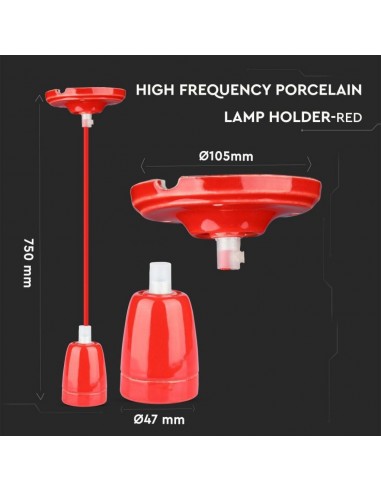 3807-Portalampada in Porcellana E Max  Colore Rosso e Cavo in Corda-2