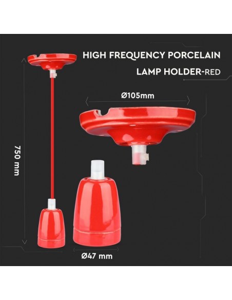3807-Portalampada in Porcellana E Max  Colore Rosso e Cavo in Corda-2