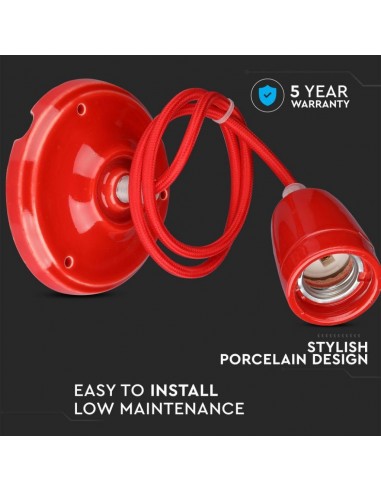 3807-Portalampada in Porcellana E Max  Colore Rosso e Cavo in Corda-5