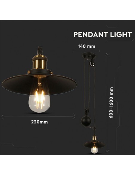 3845-Lampadario LED in Metallo ad Altezza Regolabile con Portalampada E Max  Colore Nero-2