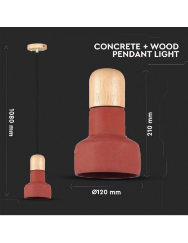 3857-Lampadario LED in Calcestruzzo e Legno con Portalampada E Max  Colore Rosso e Attacco in Legno d mm-2