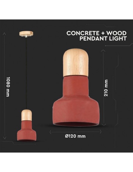 3857-Lampadario LED in Calcestruzzo e Legno con Portalampada E Max  Colore Rosso e Attacco in Legno d mm-2