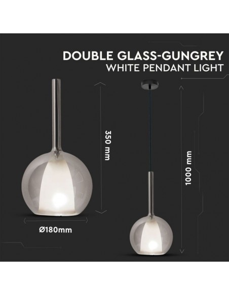 3877-Lampadario LED in Vetro con Portalampada Doppio E Max  Colore Bianco e Grigio d mm-2