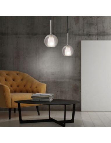 3877-Lampadario LED in Vetro con Portalampada Doppio E Max  Colore Bianco e Grigio d mm-3