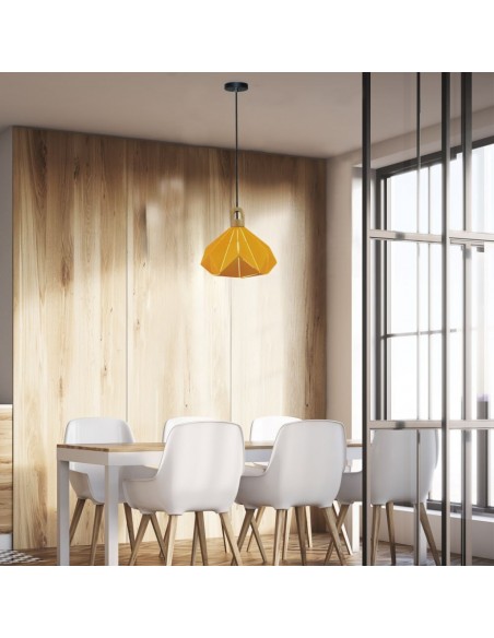 3950-Lampadario LED a Prisma in Metallo con Portalampada E Max  Colore Giallo e Attacco in Legno-3