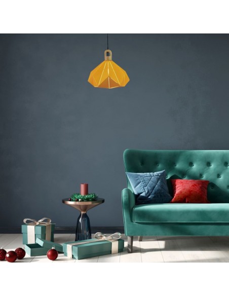 3950-Lampadario LED a Prisma in Metallo con Portalampada E Max  Colore Giallo e Attacco in Legno-4