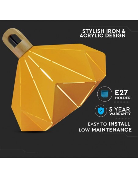 3950-Lampadario LED a Prisma in Metallo con Portalampada E Max  Colore Giallo e Attacco in Legno-5