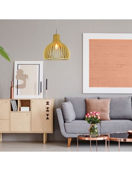 40551-Lampadario LED in Legno a Sospensione con Portalampada E Max  Cappuccio Cromato e Paralume a Imbuto d xmm m Cavo-3