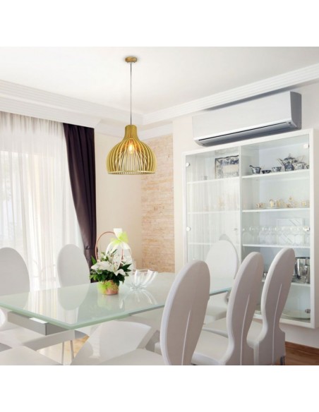 40551-Lampadario LED in Legno a Sospensione con Portalampada E Max  Cappuccio Cromato e Paralume a Imbuto d xmm m Cavo-4