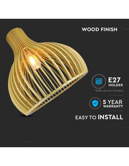 40551-Lampadario LED in Legno a Sospensione con Portalampada E Max  Cappuccio Cromato e Paralume a Imbuto d xmm m Cavo-5