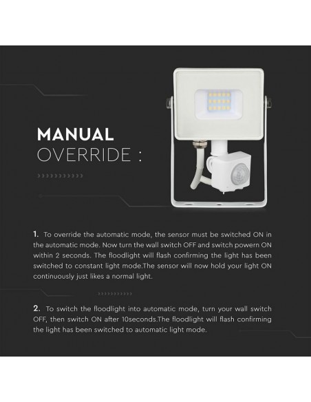 Faro LED Chip Samsung 10W con Sensore di Movimento e Crepuscolare e Interruttore Manuale di Bloccaggio Bianco 4000K IP65