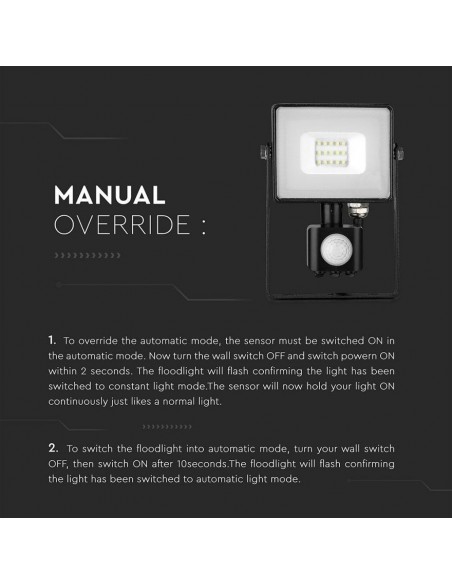 Faro LED Chip Samsung 10W con Sensore di Movimento e Crepuscolare e Interruttore Manuale di Bloccaggio Nero 3000K IP65