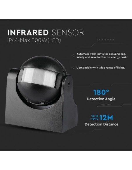 5077-Sensore di Movimento a Infrarossi  Orientabile Montaggio a Plafone Colore Nero Max  IP-5