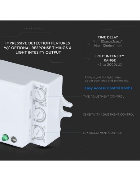 5078-Sensore di Movimento a Microonde - Montaggio a Plafone Colore Bianco Max  IP-6