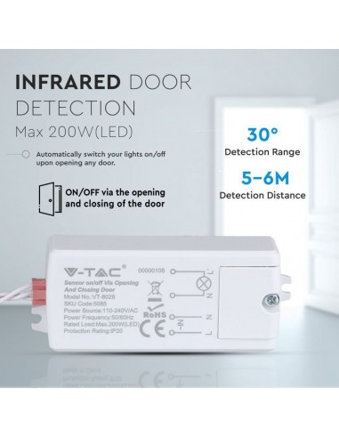 5085-Sensore di Movimento a Infrarossi  Attivazione tramite Apertura/Chiusura Porta -cm Colore Bianco Max  IP-3