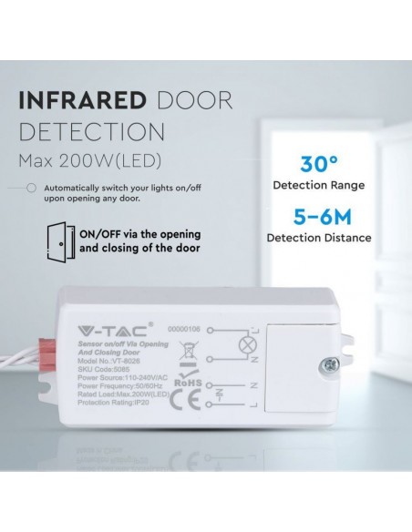 5085-Sensore di Movimento a Infrarossi  Attivazione tramite Apertura/Chiusura Porta -cm Colore Bianco Max  IP-3