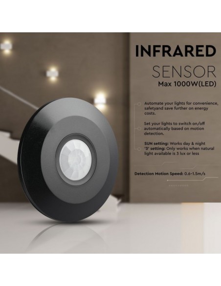 5087-Sensore di Movimento a Infrarossi  Montaggio a Plafone Colore Nero Max  IP-7