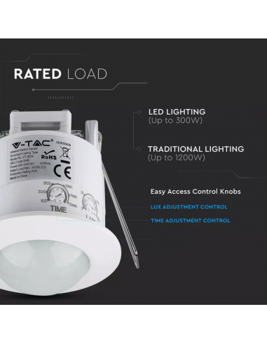 5090-Sensore di Movimento a Infrarossi  Montaggio a Incasso Colore Bianco Max  IP-3