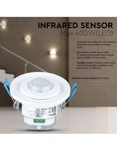 5091-Sensore di Movimento a Microonde  Orientabile Montaggio a Incasso Colore Bianco Max  IP-4