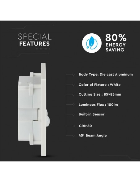 5570-Punto Luce LED da Incasso Quadrato  con Sensore Colore Bianco -5