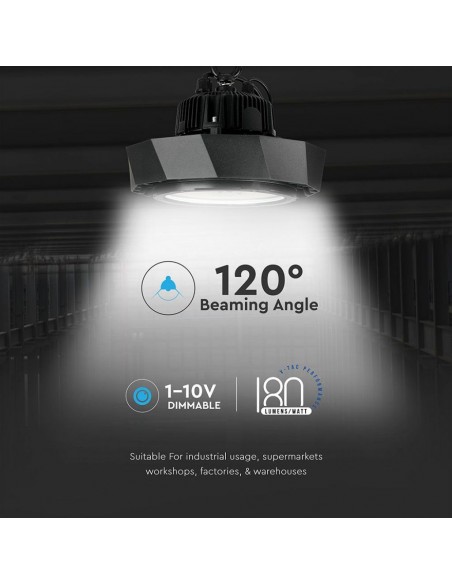 Campana Industriale LED Chip Samsung 100W 180LM/W UFO con Driver MeanWell 120° 6400K IP65 Dimmerabile ( 1-10V )