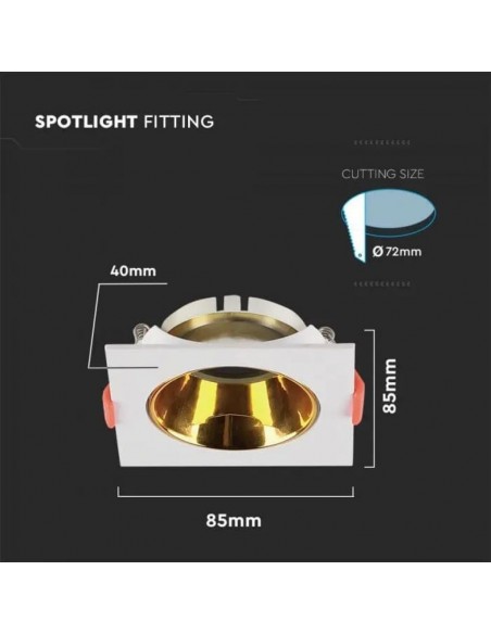 6654-Portafaretto LED da Incasso Quadrato GU Corpo Bianco Riflettore Oro-3