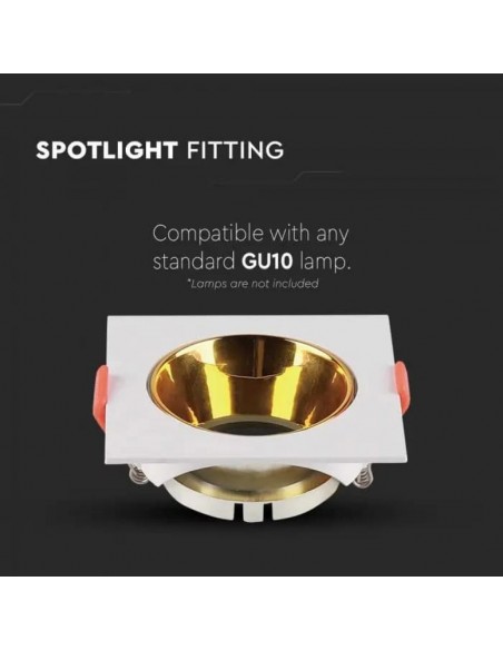 6654-Portafaretto LED da Incasso Quadrato GU Corpo Bianco Riflettore Oro-5