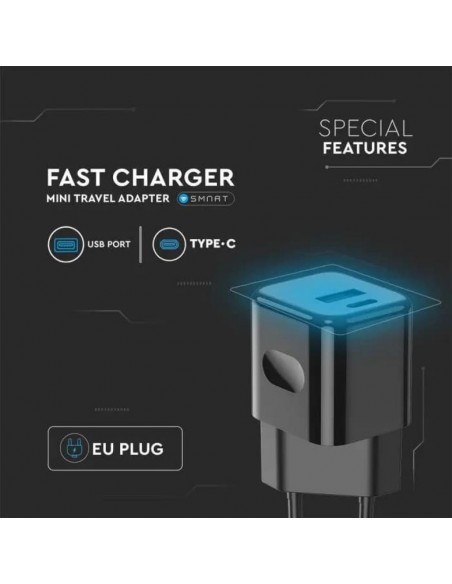 Adattatore da Viaggio USB 20W 1 PD+1 QC Nero