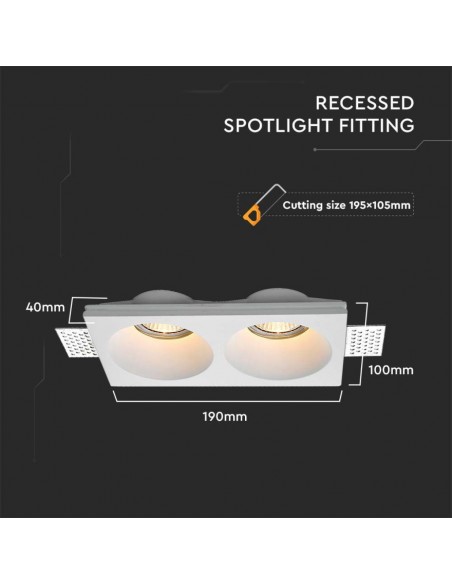 6762-Portafaretto LED Doppio da Incasso Rettangolare xGU e GU MR in Gesso con Taglio Netto Colore Bianco-3