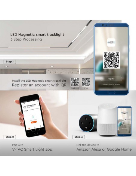 Faretto LED da Binario Magnetico Regolabile 14W 48V Nero Compatibile con Google Home e Alexa 3in1
