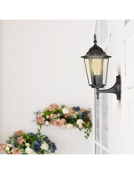 7066-Lampada LED da Muro a Lanterna con Portalampada E Max  Attacco verso l'alto Colore Nero IP-4