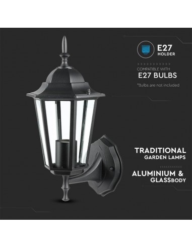 7066-Lampada LED da Muro a Lanterna con Portalampada E Max  Attacco verso l'alto Colore Nero IP-6