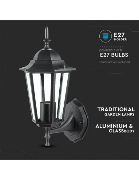 7066-Lampada LED da Muro a Lanterna con Portalampada E Max  Attacco verso l'alto Colore Nero IP-6