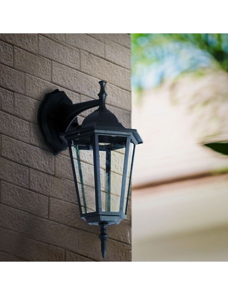 7068-Lampada LED da Muro a Lanterna con Portalampada E Max  Attacco verso il basso Colore Nero IP-4