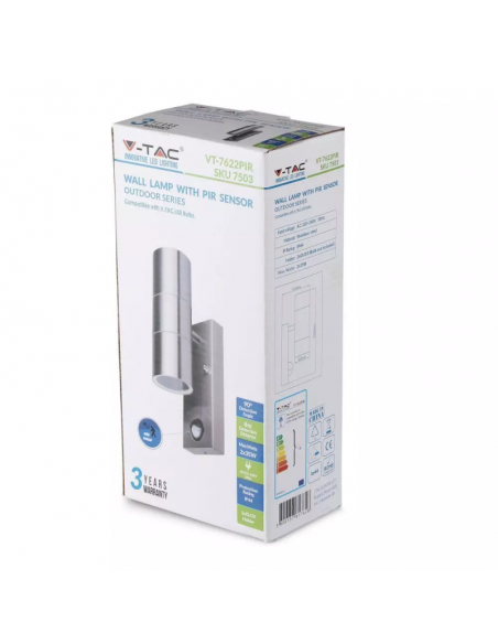 7503-Portafaretto LED Doppio da Muro xGU e GU MR in Acciaio Inox con Sensore PIR IP-2