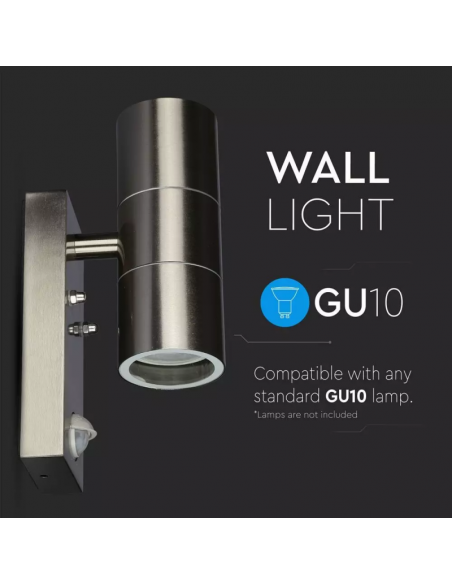 Portafaretto LED Doppio da Muro 2*GU10 e GU5.3 (MR16) in Acciaio Inox con Sensore PIR IP44