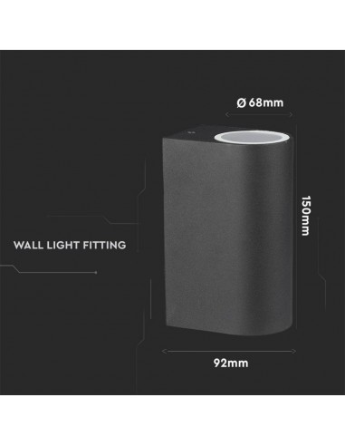 7509-Portafaretto LED Doppio da Muro xGU e GU MR Arrotondato in Alluminio Colore Nero IP-3