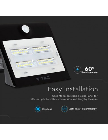 7528-Lampada LED Solare da Muro a Batteria  LM/W LED con Sensore PIR Colore Nero  -7