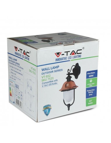 7531-Lampada LED da Muro a Lanterna con Portalampada E Max  Rivolta Verso il Basso Colore Nero e Calotta in Rame IP-2