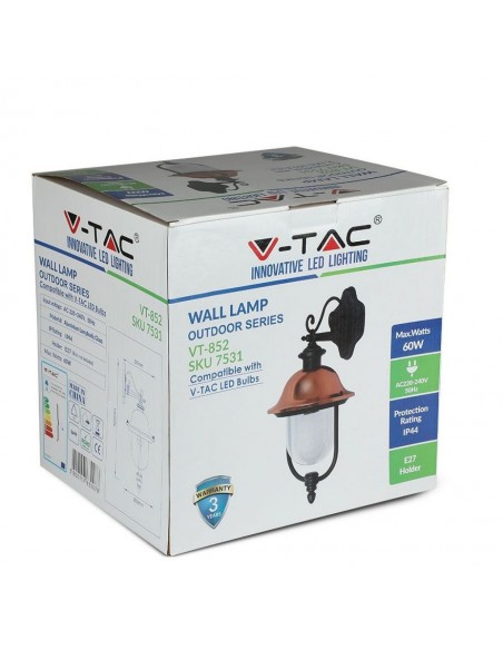 7531-Lampada LED da Muro a Lanterna con Portalampada E Max  Rivolta Verso il Basso Colore Nero e Calotta in Rame IP-2