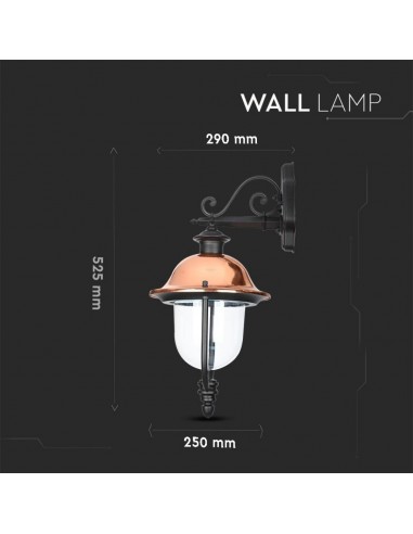 7531-Lampada LED da Muro a Lanterna con Portalampada E Max  Rivolta Verso il Basso Colore Nero e Calotta in Rame IP-3