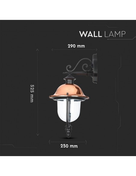 7531-Lampada LED da Muro a Lanterna con Portalampada E Max  Rivolta Verso il Basso Colore Nero e Calotta in Rame IP-3