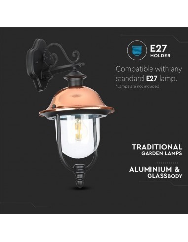 7531-Lampada LED da Muro a Lanterna con Portalampada E Max  Rivolta Verso il Basso Colore Nero e Calotta in Rame IP-5