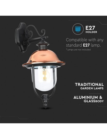 7531-Lampada LED da Muro a Lanterna con Portalampada E Max  Rivolta Verso il Basso Colore Nero e Calotta in Rame IP-5